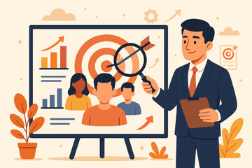 Businessman analyzing target audience with magnifying glass. Developing business strategy and marketing plan. Customer segmentation, research, and setting goals concept. Vector cartoon.