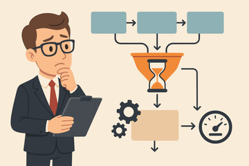 Businessman analyzing workflow process bottlenecks and time management for productivity improvement. Cartoon vector shows project optimization, process mapping, efficiency, system capacity analysis
