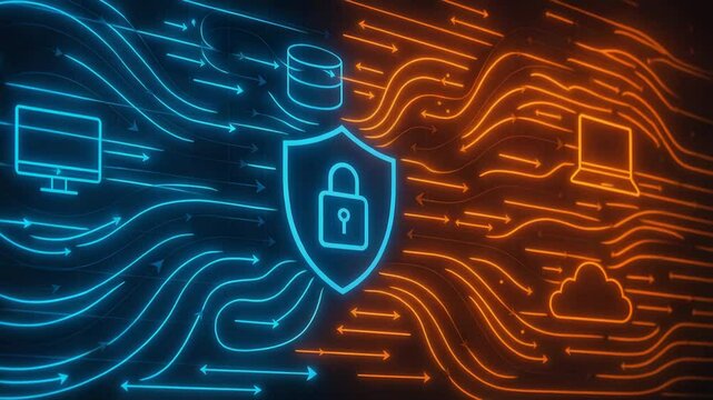 This digital security illustration showcases a compelling blend of blue and orange lines representing data flow, alongside protective lock symbols, highlighting cybersecurity conce