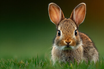 Fototapeta premium Adorable Wild Rabbit in Lush Green Grass Close-Up Photography