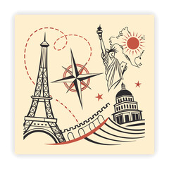 Tourist Attractions and Travel Gear Vector Set