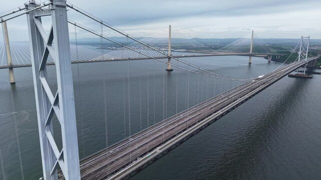 Flight over Forth Road Bridge and Queensferry Crossing in Scotland, UK