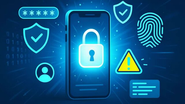Illustration of smartphone security, featuring digital locks, fingerprint scan, and security symbols. Represents modern cybersecurity and personal data protection concepts.