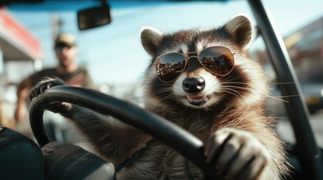 A playful raccoon, wearing sunglasses and smiling, is humorously posed at the wheel of a vehicle, capturing a fun and adventurous spirit in an urban environment.