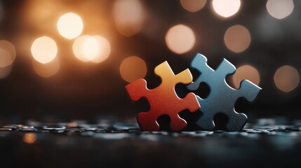 This image showcases two interlocking puzzle pieces in vibrant colors, representing unity and connection amidst a blurred, bokeh background, emphasizing teamwork.