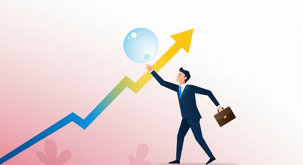 Obraz premium Businessman Popping Bubble on Rising Arrow – Flat Design Concept of Risk in Market Growth