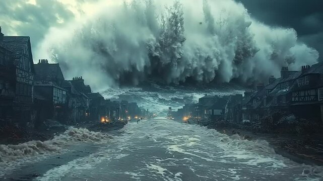 Coastal town overwhelmed by a gigantic tidal wave