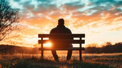 A solitary man sits on a bench, silhouetted against a vibrant sunset sky, reflecting a moment of introspection and solitude amidst nature's breathtaking beauty and serenity.