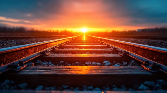 A breathtaking sunset casts warm hues over parallel train tracks, creating a pathway leading into a radiant horizon, symbolizing journey, hope, and the passage of time.