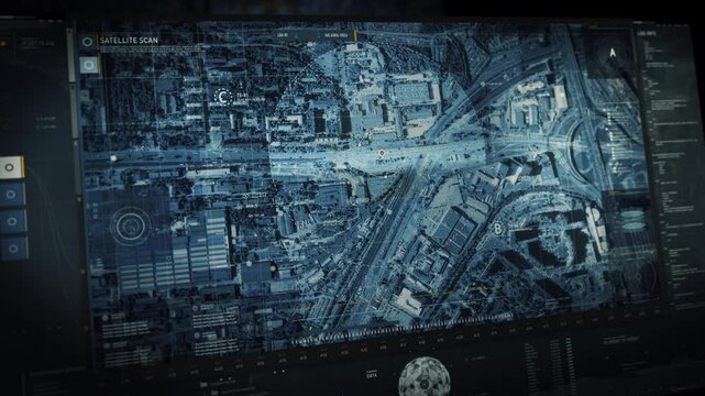Spy Action Movie Satellite Radar Software Interface Connects To Drone For Criminal Car Pursuit. Spy Action Movie Futuristic Technology. High Tech Pursuit Navigation Ui In Spy Action Movie