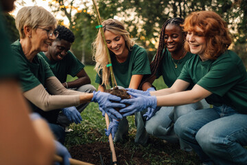 Group of volunteers planting new tree in park