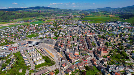 Panoramic aerial of the old town of the city Bulle in Switzerland on a sunny noon in summer