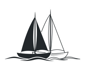 Two Sailboats on the Water Simple Black and White Illustration
