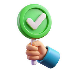 3d cartoon hand holding green check mark sign isolated on transparent background