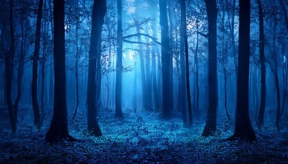 Naklejka premium mystical magical blue forest at night illuminated by glowing lights enchanting atmosphere