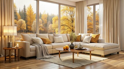 Cozy living room with sectional sofa and beautiful autumn view through large windows