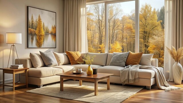 Fototapeta Cozy living room interior with large windows overlooking a beautiful autumn landscape.