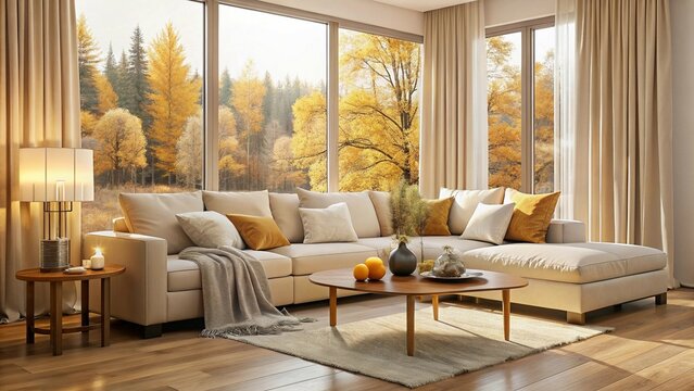 Fototapeta Cozy living room with sectional sofa and beautiful autumn view through large windows