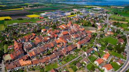 Panoramic aerial of the old town of the city Avenches in Switzerland on a sunny noon in summer