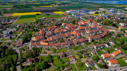 Panoramic aerial of the old town of the city Avenches in Switzerland on a sunny noon in summer