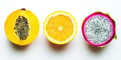 Tropical fruits display with mango, papaya, and dragon fruit for healthy living and diet inspiration