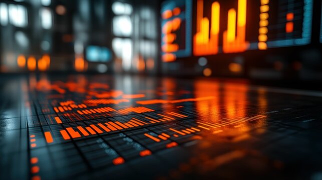 Futuristic data panels glow with orange lights