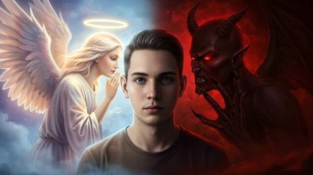 Man Tempted by Angel and Devil - A young man is depicted centrally, flanked by an angel whispering in his right ear and a devil tempting him from the left.