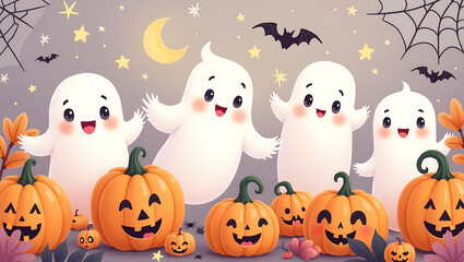 Cute cartoon ghosts and jack o lanterns celebrate halloween under a starry night sky