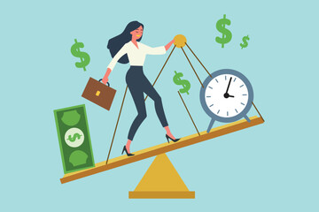 Achieving life balance. A businesswoman juggles financial success and time, illustrating smart time management and productivity.