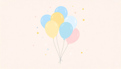 Pastel-colored balloons, light-blue, yellow, pink, floating against a beige background, with small gold stars and confetti