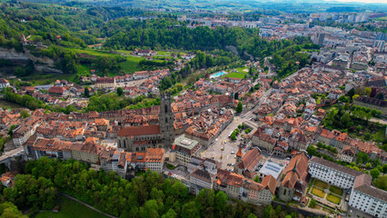 Panoramic aerial of the old town of the city Fribourg in Switzerland on a sunny noon in summer