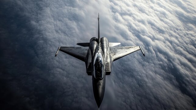 An impressive aerial view captures a sleek fighter jet cutting through the clouds, conveying a sense of speed, power, and technological innovation in aviation.