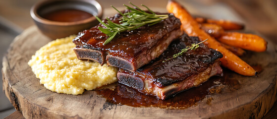 Grilled Ribs with Polenta and Carrot Fries on a Wooden Platter