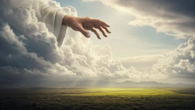 Divine Hand Reaching Down from Heaven - A dramatic depiction of a hand extending from a heavenly cloud formation, reaching towards a vast, serene landscape below.