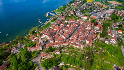 Panoramic aerial of the old town of the city Murten in Switzerland on a sunny noon in summer