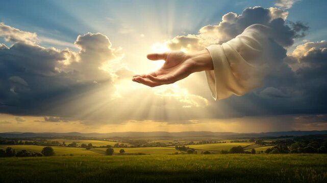 Divine Hand Reaching Down to Earth - A majestic hand emerges from the clouds, reaching towards a serene landscape bathed in golden sunlight.
