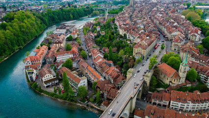 Panoramic aerial of the old town of the capitol city Bern in Switzerland on a sunny afternoon in summer