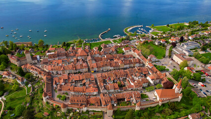 Panoramic aerial of the old town of the city Murten in Switzerland on a sunny noon in summer