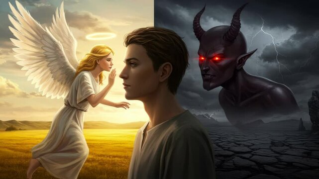 Man Faced with a Choice: Angel and Devil - A young man stands between an angel whispering in his ear and a menacing devil, representing a choice between good and evil.
