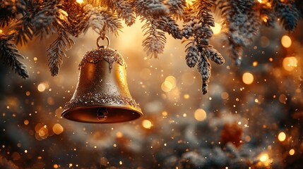 Gold bell hangs on snowy Christmas tree branch