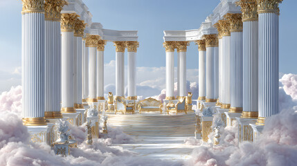 Grand Stage of Greek Mythology Marble Columns and Deities amidst Clouds and Golden Thrones in Olympus