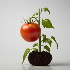  A Young Tomato Plant Proudly Displays a Ripe Red Fruit in a White Pot.