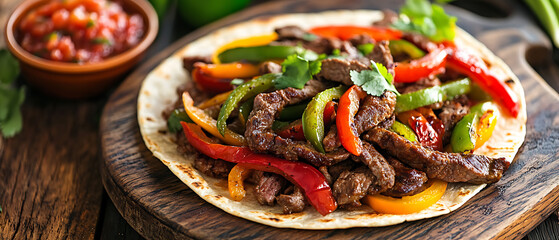 Colorful Steak Fajitas with Bell Peppers and Onions Served on a Tortilla