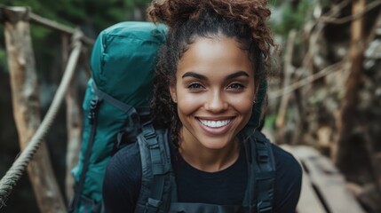 A joyful woman with curly hair and a large backpack smiles in a lush green forest, highlighting her adventurous spirit and enthusiasm for outdoor exploration.