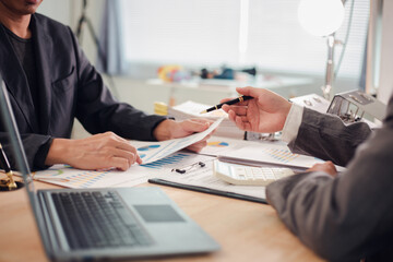 Business team discuss and explain marketing plan to plan financial strategy for business owner...