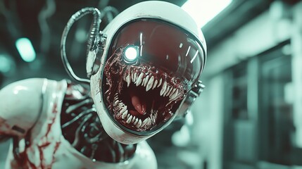 This surreal image features a robotic astronaut with an eerie, menacing expression and sharp teeth, evoking feelings of fear and fascination in a sci-fi context.