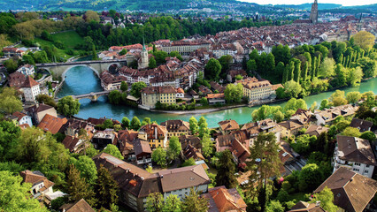 Panoramic aerial of the old town of the capitol city Bern in Switzerland on a sunny afternoon in summer