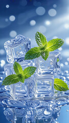 Clear ice cubes stacked with fresh green mint leaves on a reflective surface. Soft blue background with bokeh effect creates a refreshing atmosphere.