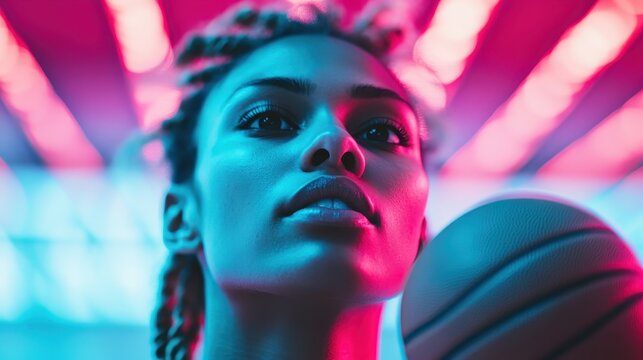 A basketball player poses dynamically against a backdrop of vibrant neon lights, symbolizing passion and intensity, ready to make a game-changing play with determination. - Powered by Adobe