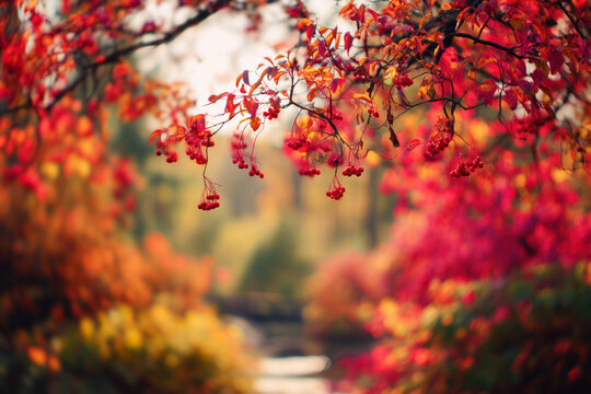 Fototapeta Colorful autumn background, beautiful fall nature wallpaper, red, yellow and orange leaves with bokeh